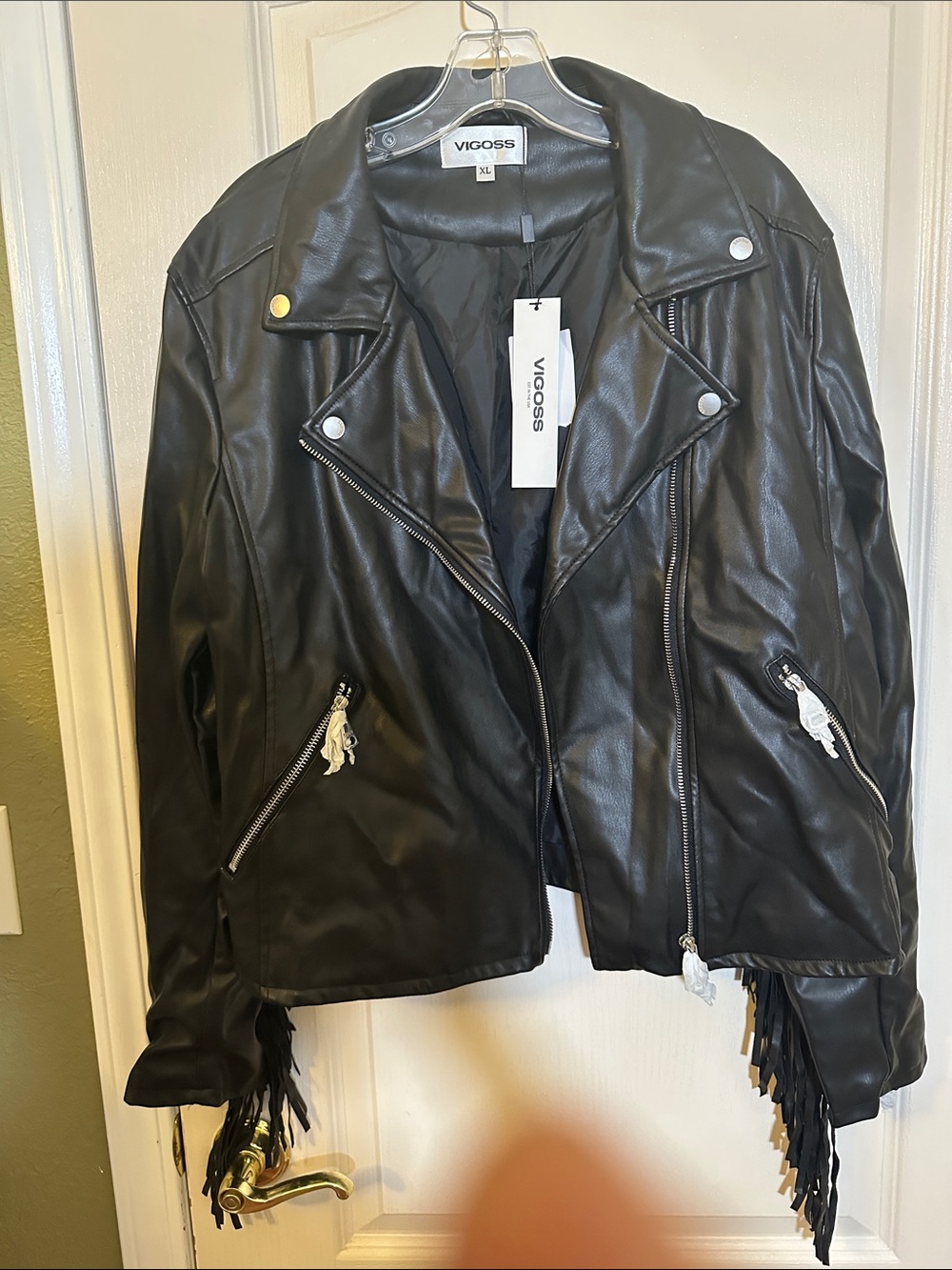 Vigoss Black Faux Leather Fringe Moto Jacket with Zipper Accents